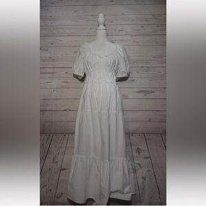 RAHI Women's Size Medium Puff Sleeve Tiered Poplin White Midi Dress